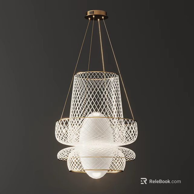 Contemporary White Chandelier With Gold Metal Mesh Frame And Layered Design 3d model 