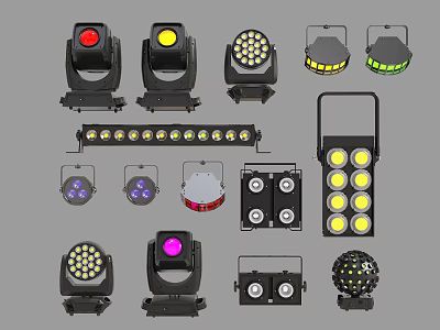 Various Stage Lighting Equipment With LED Bulbs Different Colors And Control Panels 3d model