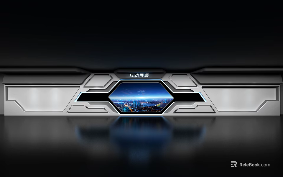 Modern Tech Inspired Background Wall With Silver Frame And LED City View 3d model 