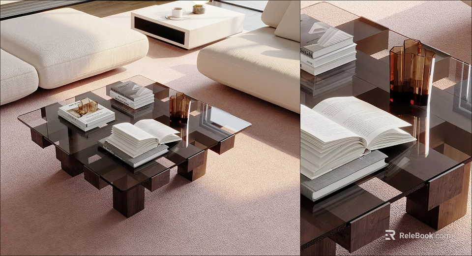 Modern Living Room Interior With Glass Coffee Table Open Books Sofa And Decorative Items 3d model 