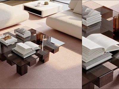 Modern Living Room Interior With Glass Coffee Table Open Books Sofa And Decorative Items 3d model