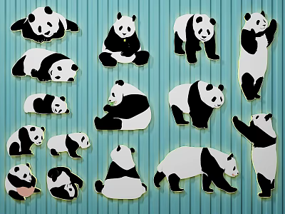 Panda Wall Decor with Various Poses on Blue Striped Background 3d model