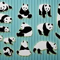 Panda Wall Decor with Various Poses on Blue Striped Background 3d model