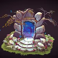 Enchanting Cartoon Scene With Magical Stone Gate Glowing Blue Door Tree Butterflies Stone Steps Flowers