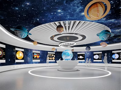 Space Exhibition Hall With Starry Sky Ceiling Planet Models And Circular Display Platform 3d model