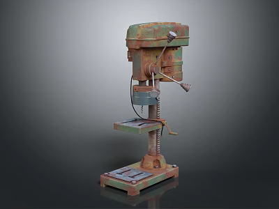 Vintage Rusty Drill Press Machine With Base Worktable And Metal Column 3d model