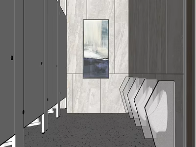 Modern Public Restroom With Gray Partitions Marble Walls Artwork And Washbasins 3d model