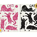 Pink And Black Cat Patterns With Decorative Flowers And Paw Prints