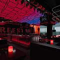 Modern Bar Interior With Red Blue Grid Ceiling DJ Booth Lighting And STAR Sign