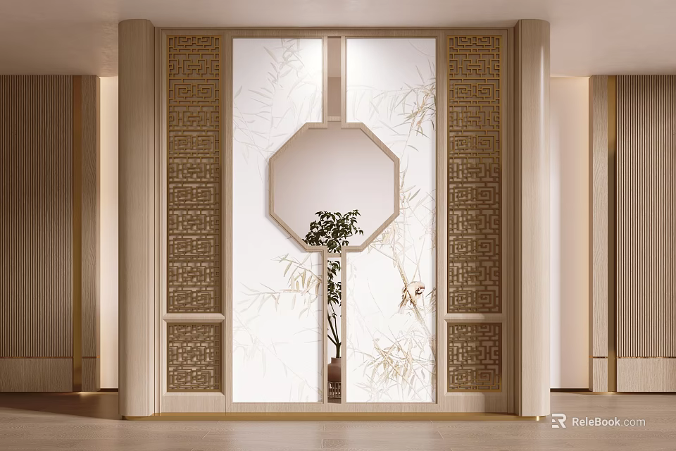 Chinese Style Entryway Hallway With Carved Screen Bamboo Pattern Round Mirror And Potted Plant 3d model 