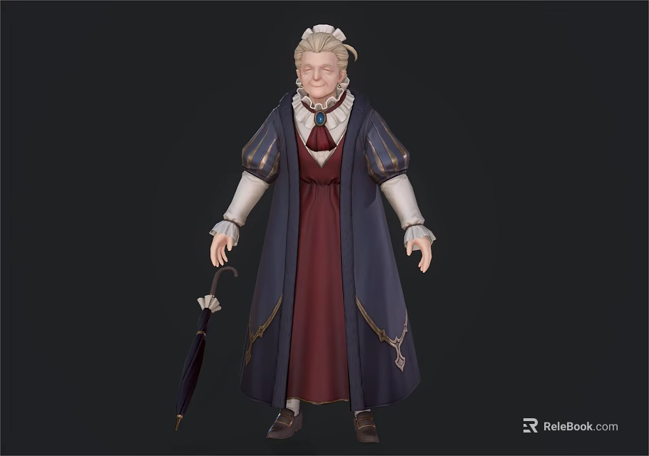 Elderly Woman With White Hair Wearing Red Dress And Blue Coat Holding Umbrella 3d model 