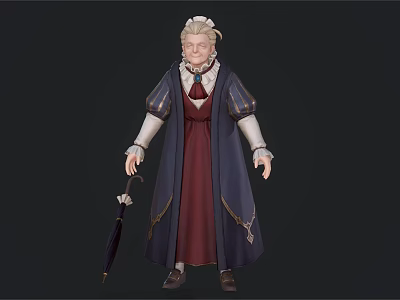 Elderly Woman With White Hair Wearing Red Dress And Blue Coat Holding Umbrella 3d model