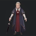 Elderly Woman With White Hair Wearing Red Dress And Blue Coat Holding Umbrella