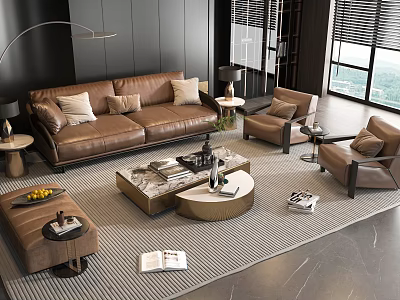 Modern Brown Leather Sofa And Coffee Table Set With Marble Top Armchairs Floor Lamp Rug 3d model