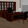 Dark Wooden Office Desk with Black Chairs Glass Door Bookcase and Window Blinds