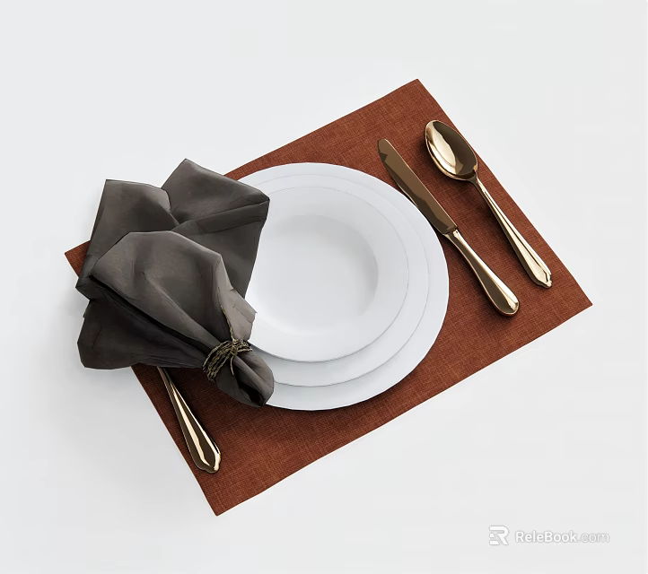 Elegant Dinnerware Set with White Plates Golden Cutlery and Dark Gray Napkin on Brown Placemat 3d model 