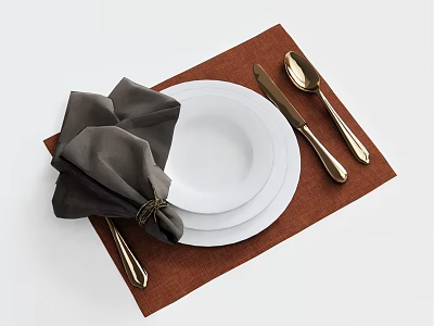 Elegant Dinnerware Set with White Plates Golden Cutlery and Dark Gray Napkin on Brown Placemat 3d model