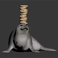 Adorable Gray Seal Balancing Stack of Cookies on Head Against Dark Background