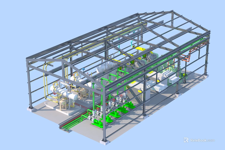 Industrial Equipment in Steel Structure Industrial Plant with Production Line and Mechanical Systems 3d model 