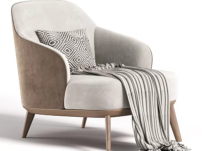 Modern Two Tone Fabric Leisure Chair With Wooden Legs Decorative Pillow And Striped Throw Blanket 3d model