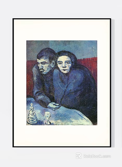 Portrait Painting of Two Figures Leaning Close with Red Background and Table Items 3d model 