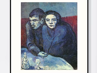 Portrait Painting of Two Figures Leaning Close with Red Background and Table Items 3d model