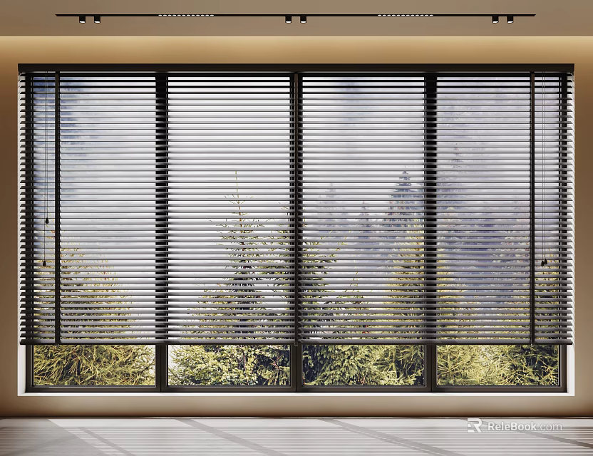Stylish Window Blinds Covering Windows With Mountain And Tree View In Minimalist Room 3d model 