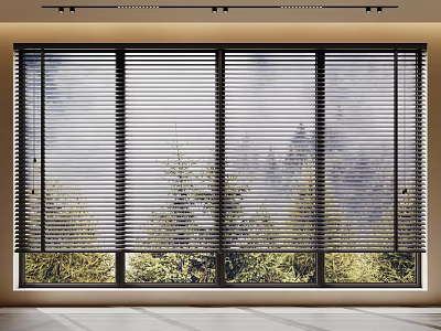Stylish Window Blinds Covering Windows With Mountain And Tree View In Minimalist Room 3d model