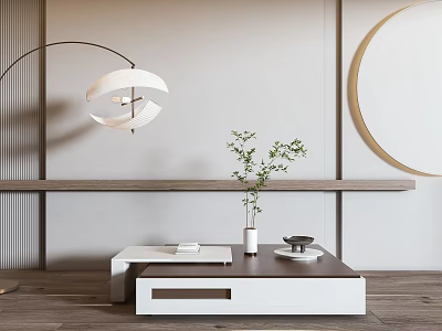 Modern White And Wooden Coffee Table With Small Plant Vase Decorative Mirror And Arc Lamp 3d model