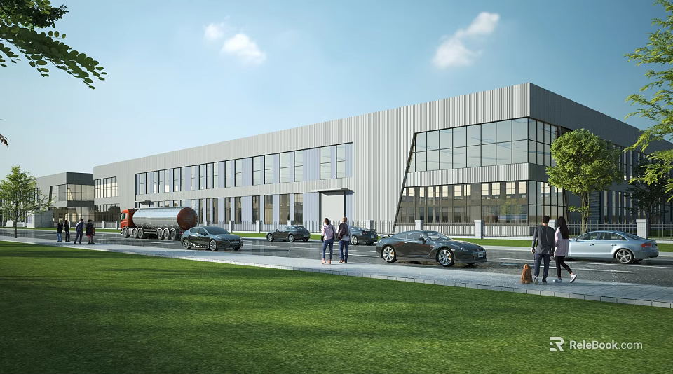 Modern Industrial Factory Building Exterior Featuring Large Glass Windows Parking Area And Green Lawn 3d model 