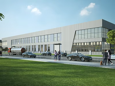 Modern Industrial Factory Building Exterior Featuring Large Glass Windows Parking Area And Green Lawn 3d model