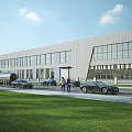 Modern Industrial Factory Building Exterior Featuring Large Glass Windows Parking Area And Green Lawn