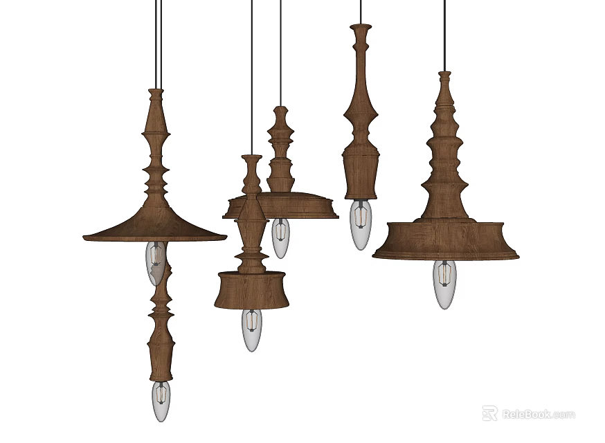 Vintage Wooden Chandeliers with Various Design Styles and Transparent Light Bulbs 3d model 