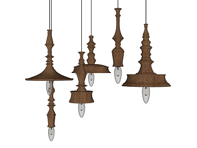Vintage Wooden Chandeliers with Various Design Styles and Transparent Light Bulbs 3d model