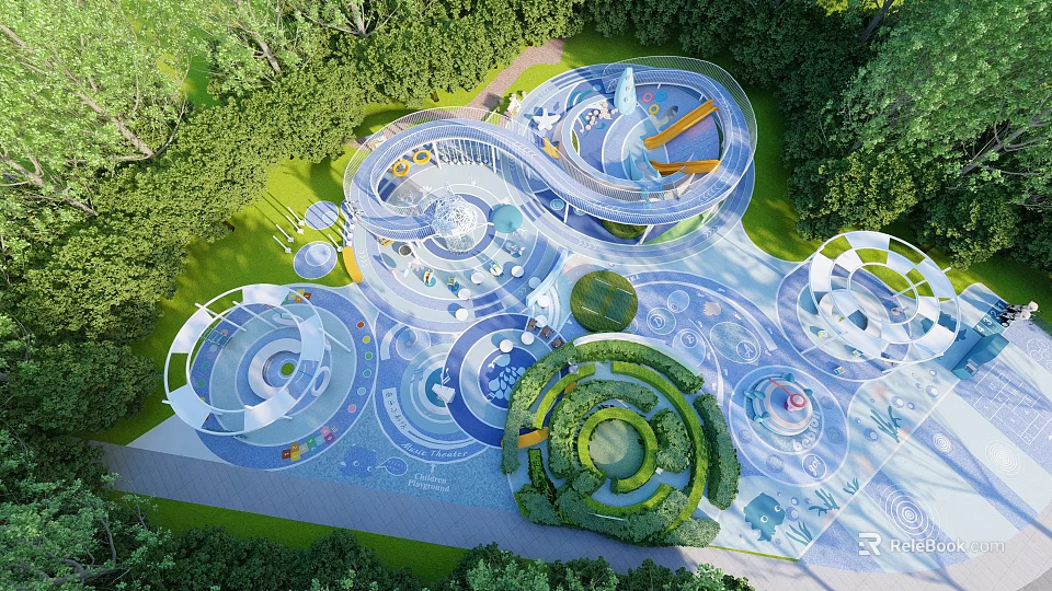 Outdoor Children's Playground Design With Lush Greenery Circular Structures And Interactive Paths 3d model 