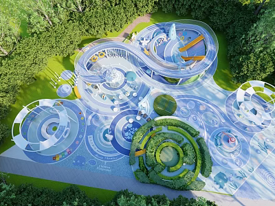 Outdoor Children's Playground Design With Lush Greenery Circular Structures And Interactive Paths 3d model