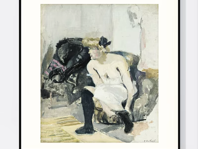 Seated Figure In White Dress Adjusting Shoes With Abstract Brushstroke Painting 3d model