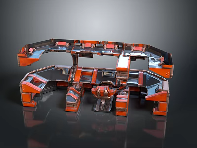 Futuristic Orange And Black Metallic Console Structure With Multiple Panels And Control Units 3d model