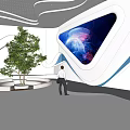 Futuristic Modern Public Lobby Interior With White Curved Design Large Screen Glass Walls And Green Plants
