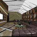 Modern KTV Interior Design With Comfortable Sofas Geometric Walls Ceiling Lights And TV 3d model