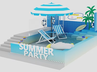 Summer Party Photo Spot With Blue White Striped Umbrella Deck Chairs And Palm Trees 3d model