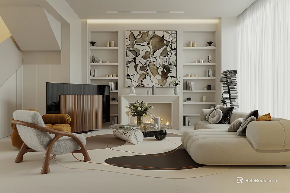 Modern Living Room Interior With Beige Sofa Brown Armchair Decorative Wall Art And Fireplace 3d model 
