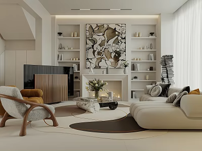 Modern Living Room Interior With Beige Sofa Brown Armchair Decorative Wall Art And Fireplace 3d model