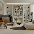 Modern Living Room Interior With Beige Sofa Brown Armchair Decorative Wall Art And Fireplace