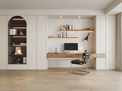 Modern Home Office Bookcase With Open Shelves Desk Computer Lamp And Decor 3d model