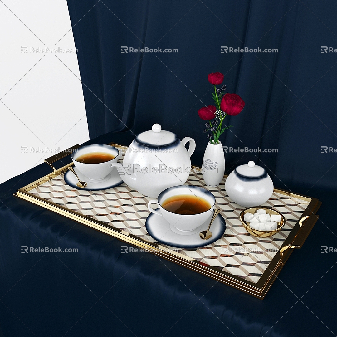 Teapot Tea Set Vase Flowers 3d model