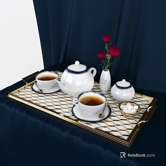 Wine Bottle And Glasses On Gold Trimmed Tray With Dark Blue Tablecloth And Red Roses 3d model 