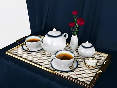 Wine Bottle And Glasses On Gold Trimmed Tray With Dark Blue Tablecloth And Red Roses 3d model