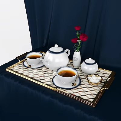 Wine Bottle And Glasses On Gold Trimmed Tray With Dark Blue Tablecloth And Red Roses 3d model