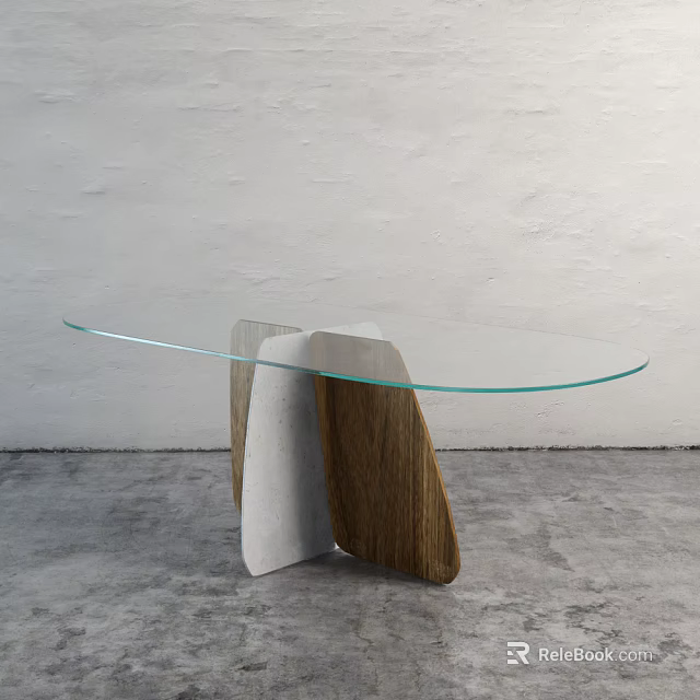 Modern Glass Top Coffee Table with Wooden and Concrete Base Design 3d model 